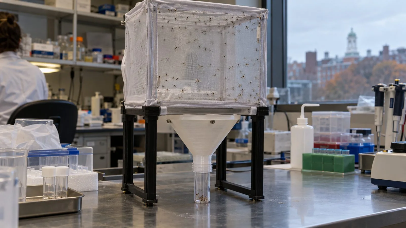 A mosquito collection funnel and tube sit in a New Brunswick, New Jersey, laboratory (AI-generated image / EconoTimes)