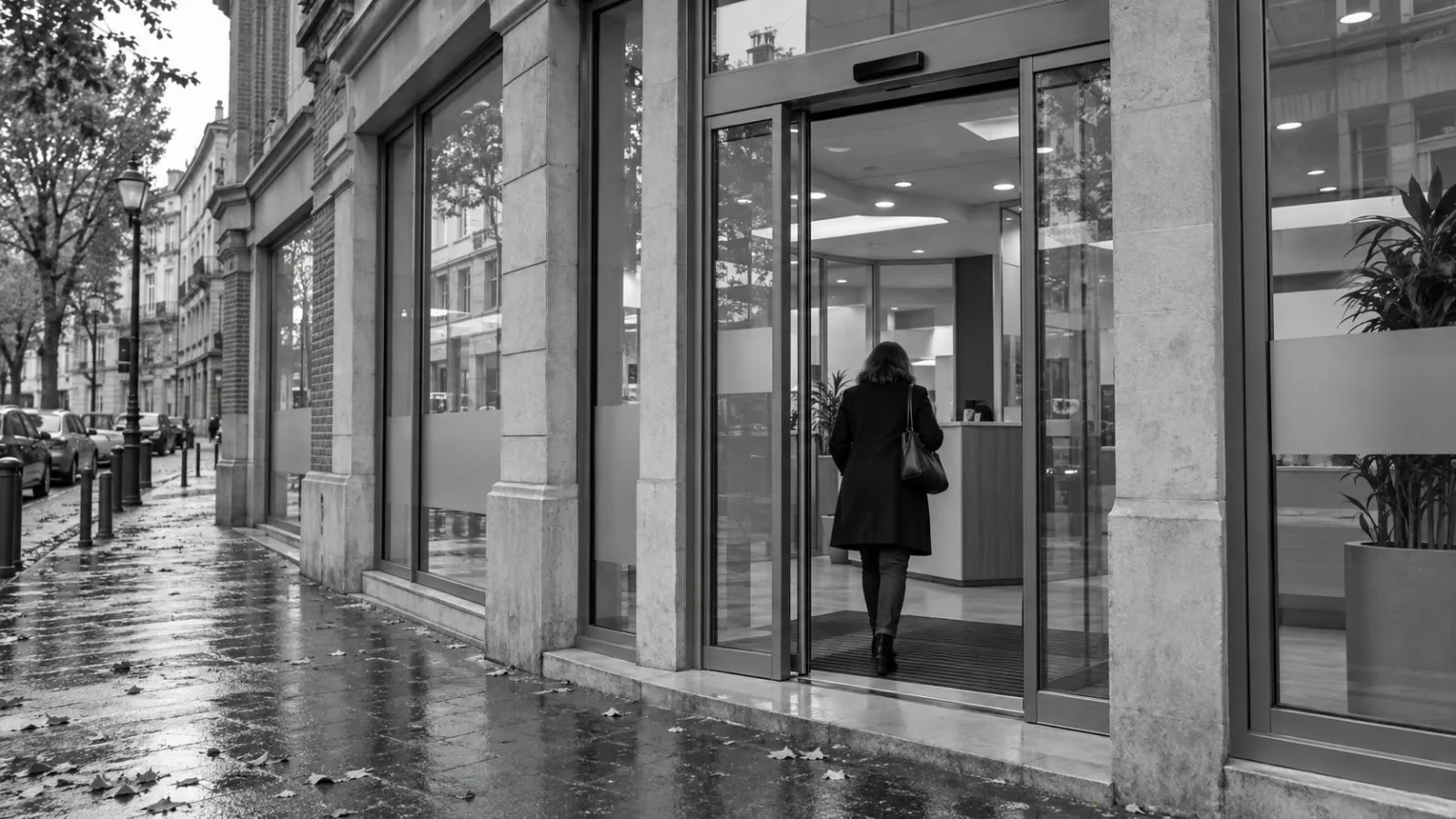 A customer enters a bank branch in Toulouse, France, on an overcast afternoon. (AI-generated image / EconoTimes)
