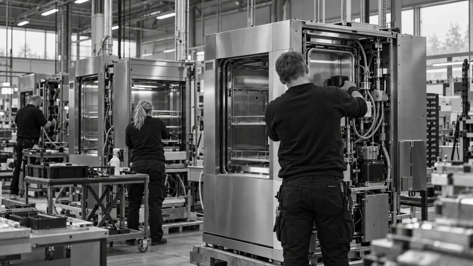 Workers assemble washer-disinfectors at a medical equipment factory in Växjö, Sweden. (AI-generated image / EconoTimes)