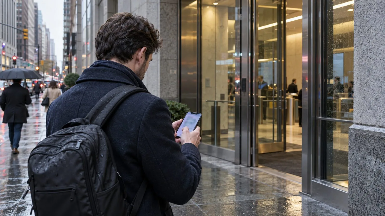 A customer checks a banking app outside a Manhattan bank branch in New York. (AI-generated image / EconoTimes)