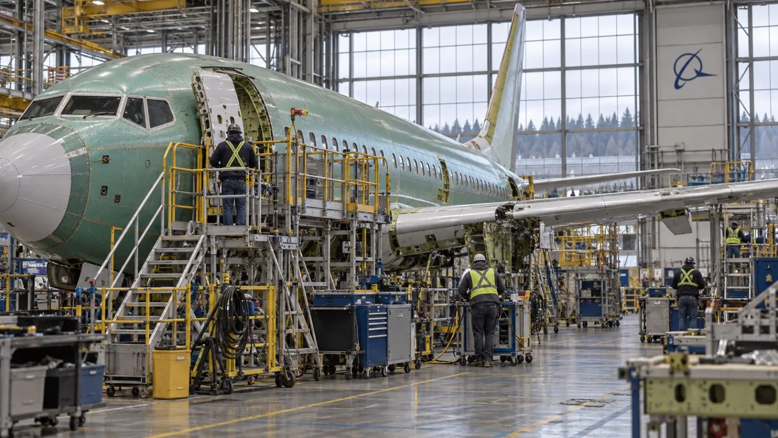 A 737 MAX-10 airframe sits on an assembly line in Renton, Washington. / EconoTimes.ai