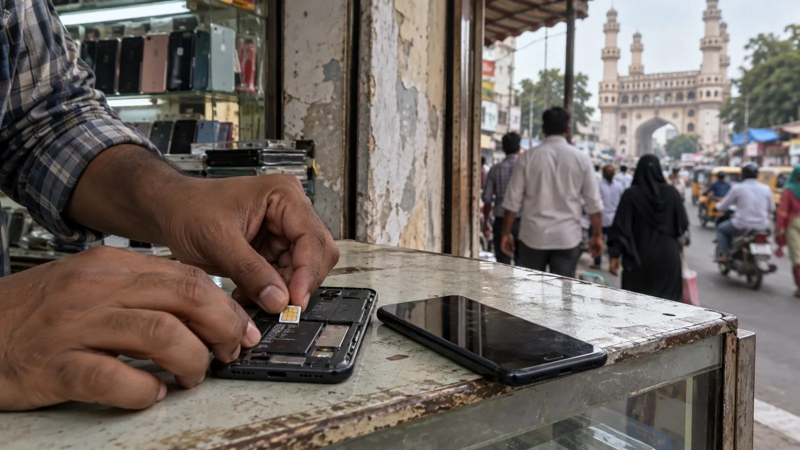 A shopkeeper seats a SIM card in a mobile phone behind a counter in Hyderabad, India. (AI-generated image / EconoTimes)