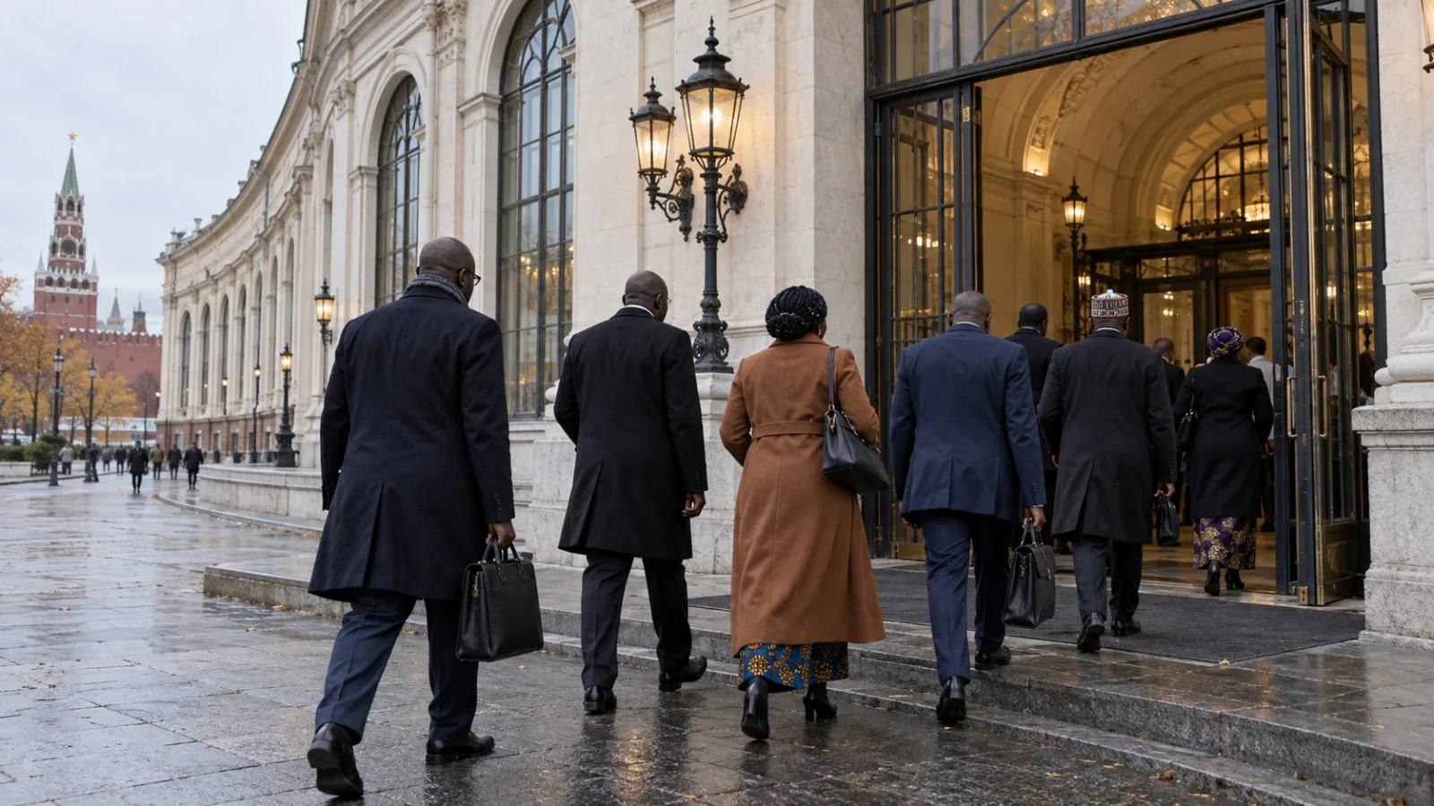 Delegates enter Gostiny Dvor during the Russia–Africa summit in Moscow. (AI-generated image / EconoTimes)