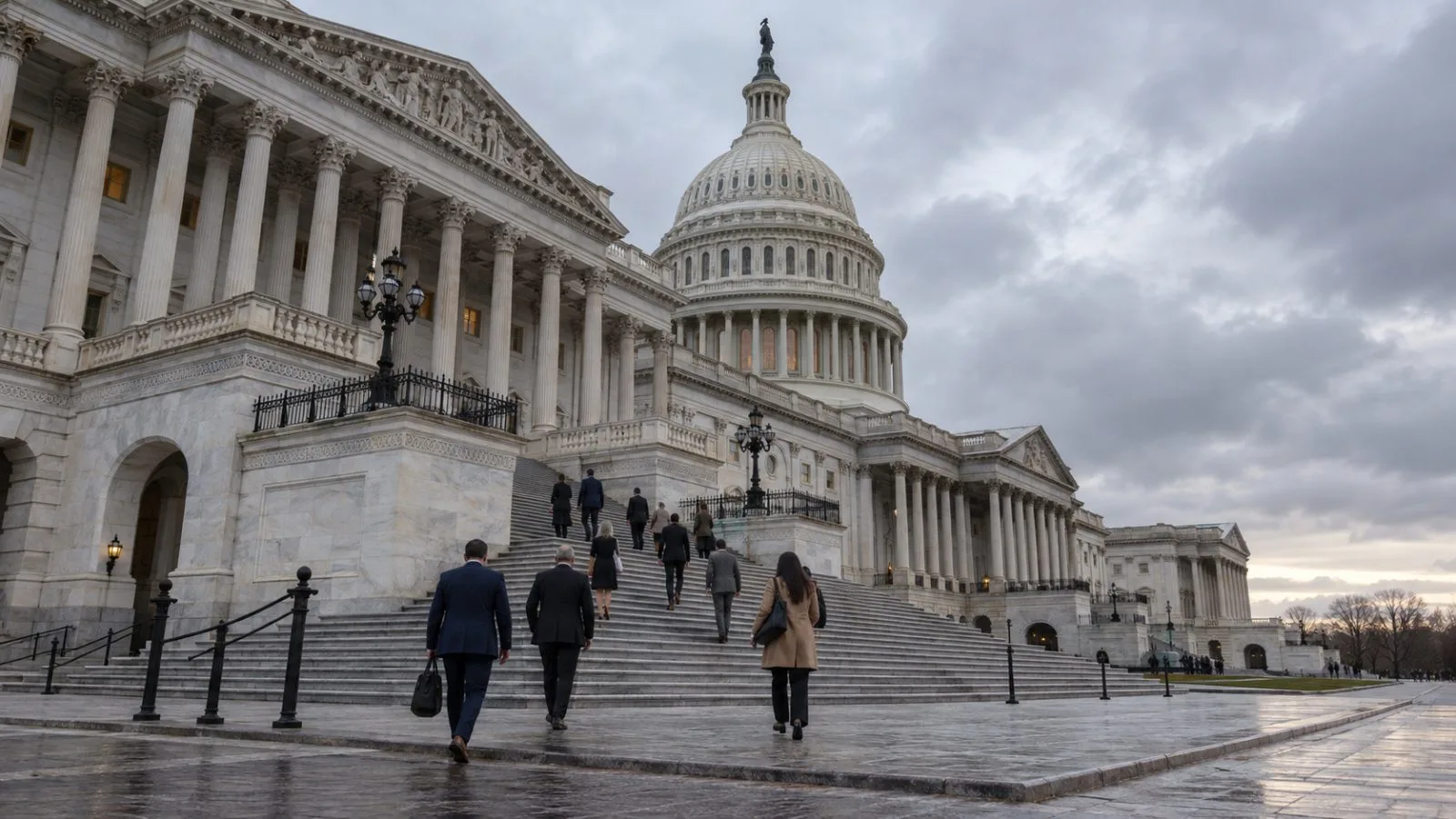 Staff members cross the steps of the U.S. Capitol in Washington beneath an overcast sky. (AI-generated image / EconoTimes)