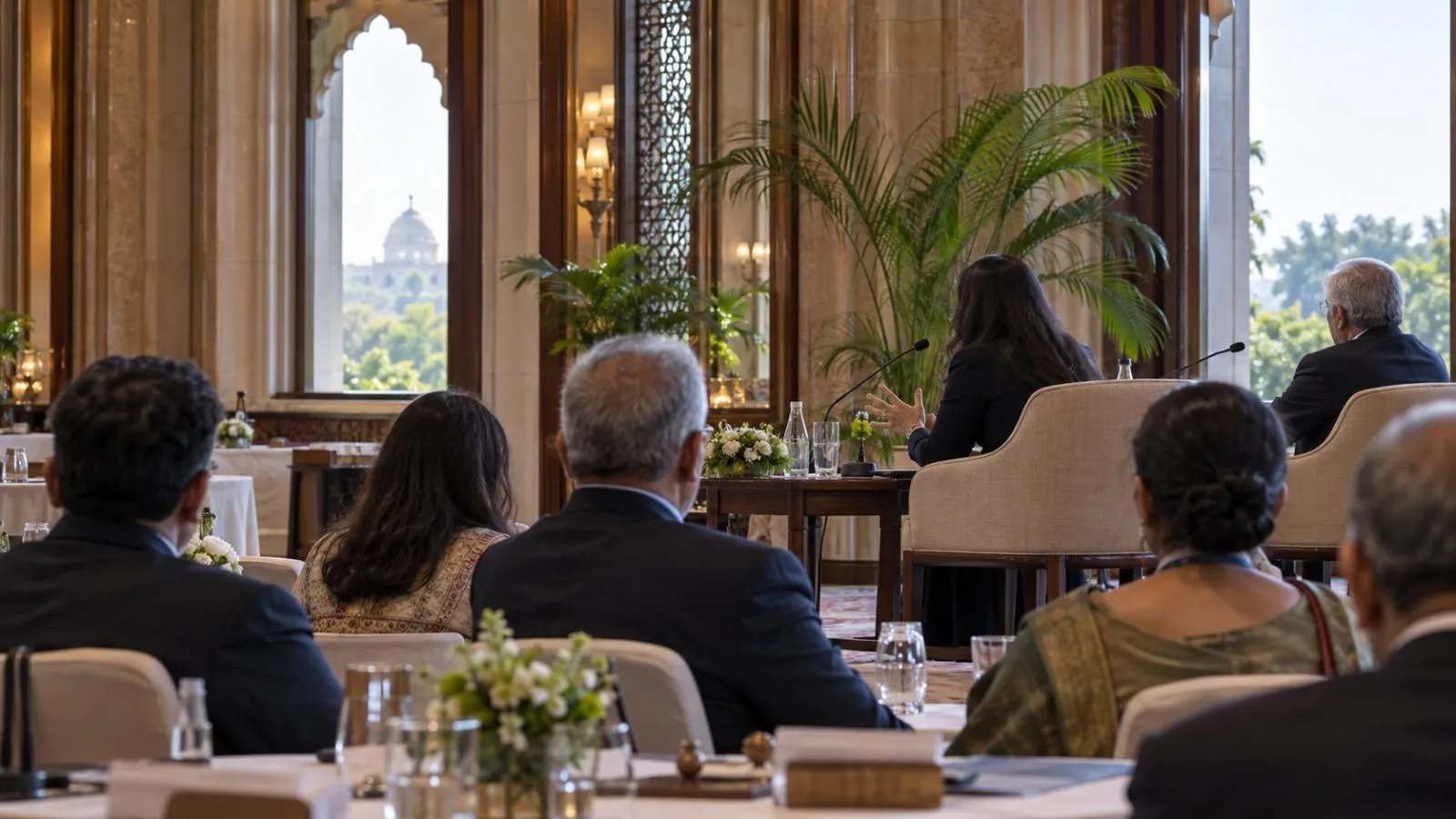 Delegates listen during a Middle East policy panel at Taj Palace in New Delhi. (AI-generated image / EconoTimes)
