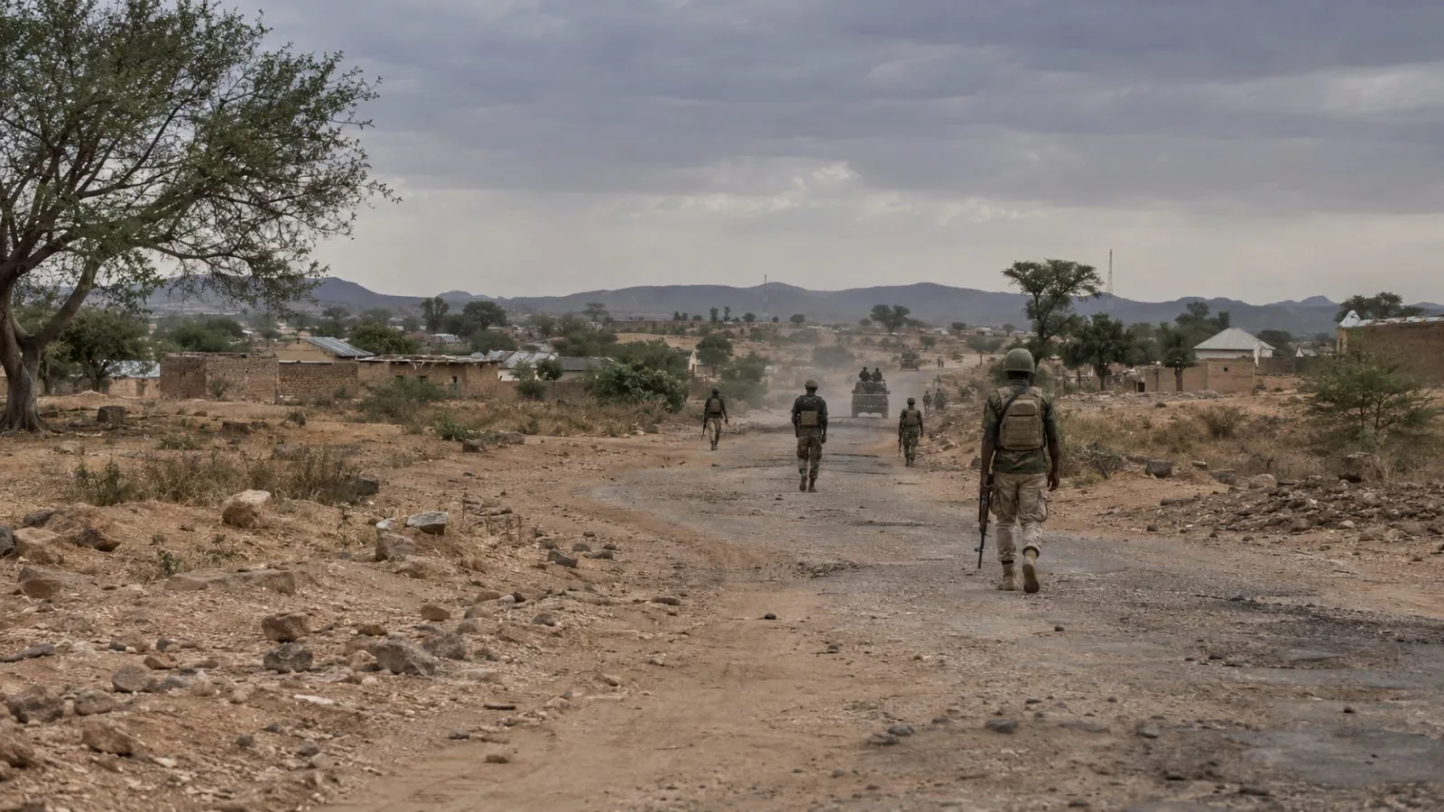 Security personnel patrol a dusty road on the outskirts of Bukuyum, Nigeria. (AI-generated image / EconoTimes)