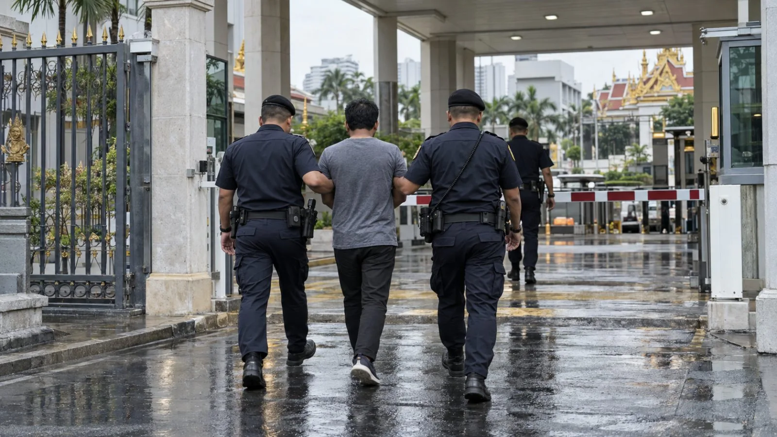 Thai police escort a man into an immigration police facility in Bangkok. (AI-generated image / EconoTimes)