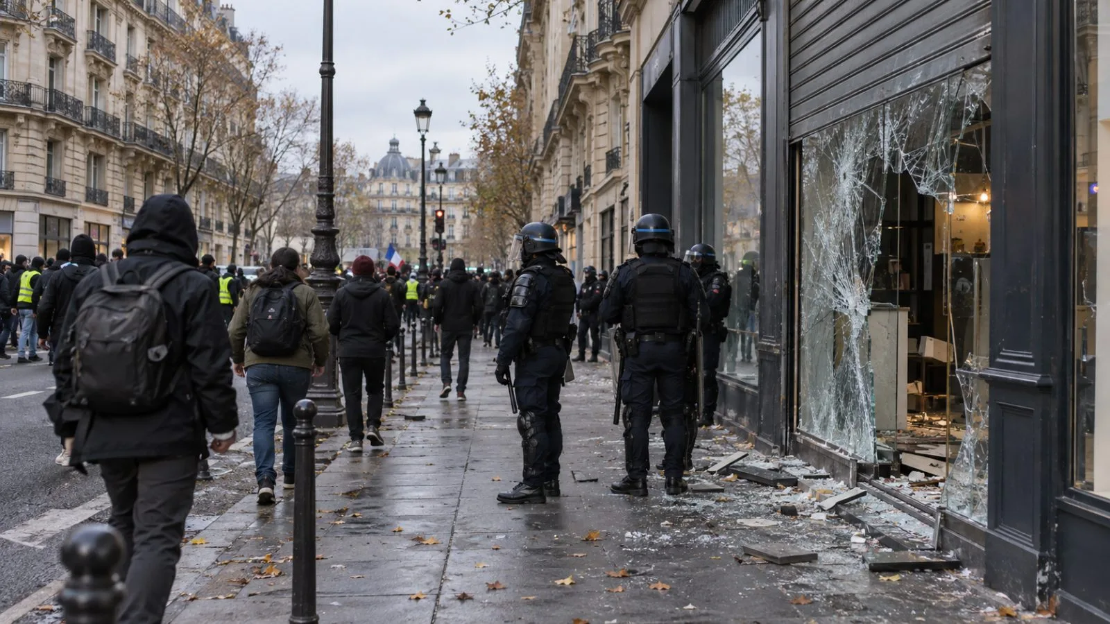 Police stand near a damaged storefront as protesters pass on a Paris street. (AI-generated image / EconoTimes)