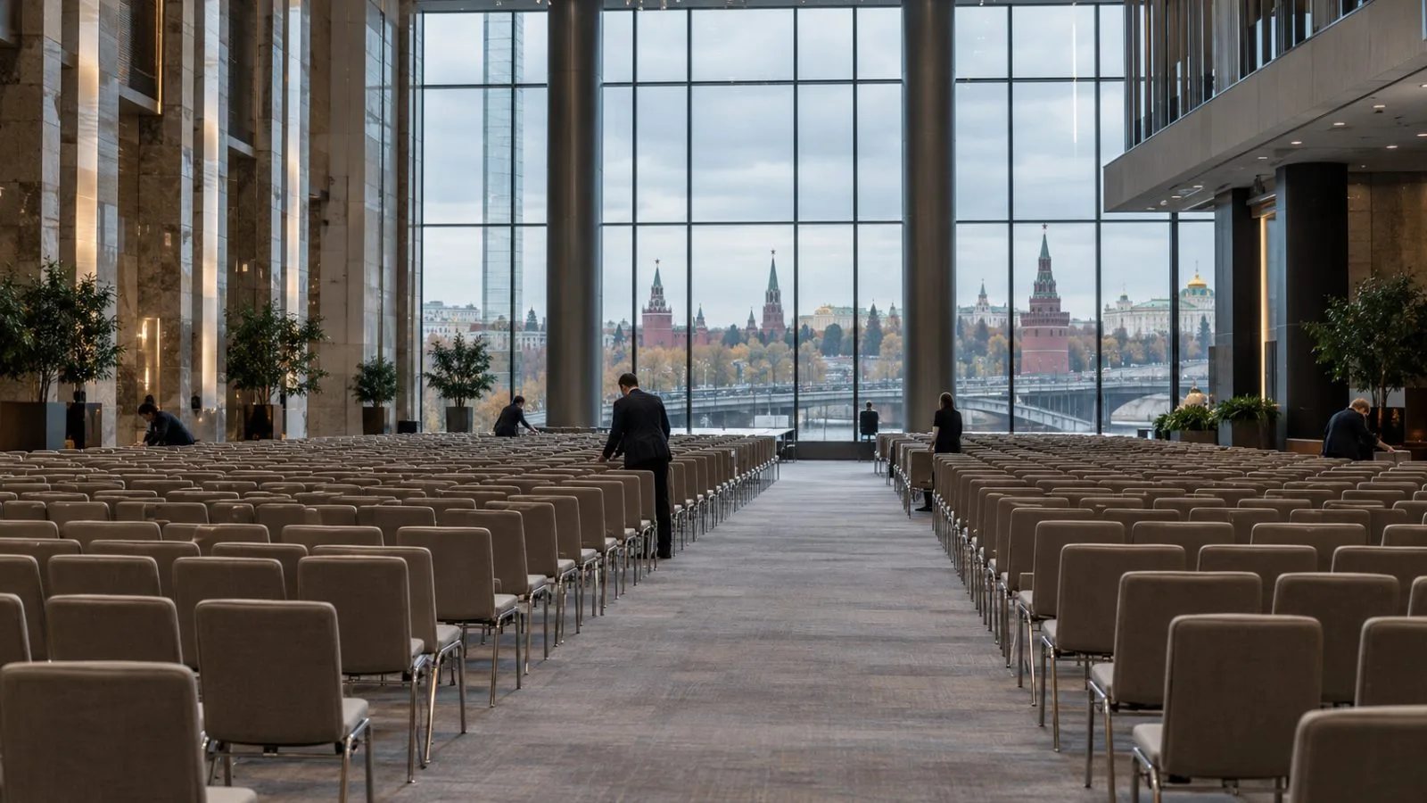 Conference staff prepare a hall in Moscow ahead of the Russia-Africa Summit (AI-generated image / EconoTimes)