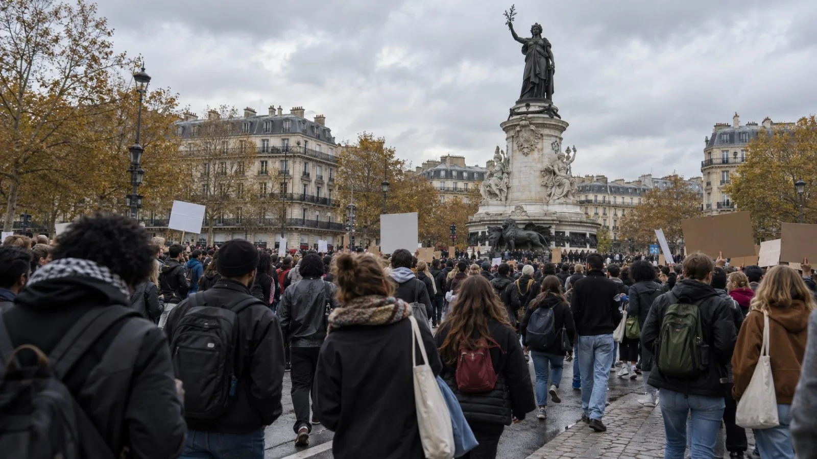 Demonstrators gather near Place de la République during a march in Paris, France (AI-generated image / EconoTimes)