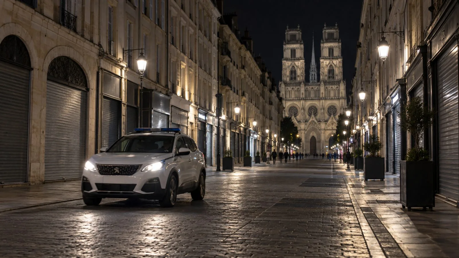 A municipal police vehicle passes closed shopfronts on a central street in Orléans, France. (AI-generated image / EconoTimes)
