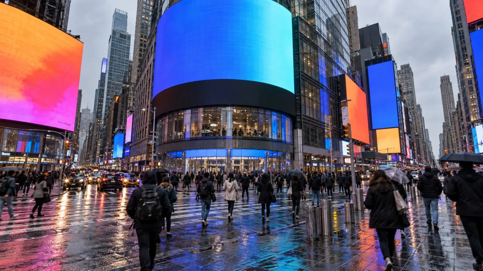 Commuters pass Nasdaq MarketSite in Times Square, New York, beneath its curved facade. (AI-generated image / EconoTimes)