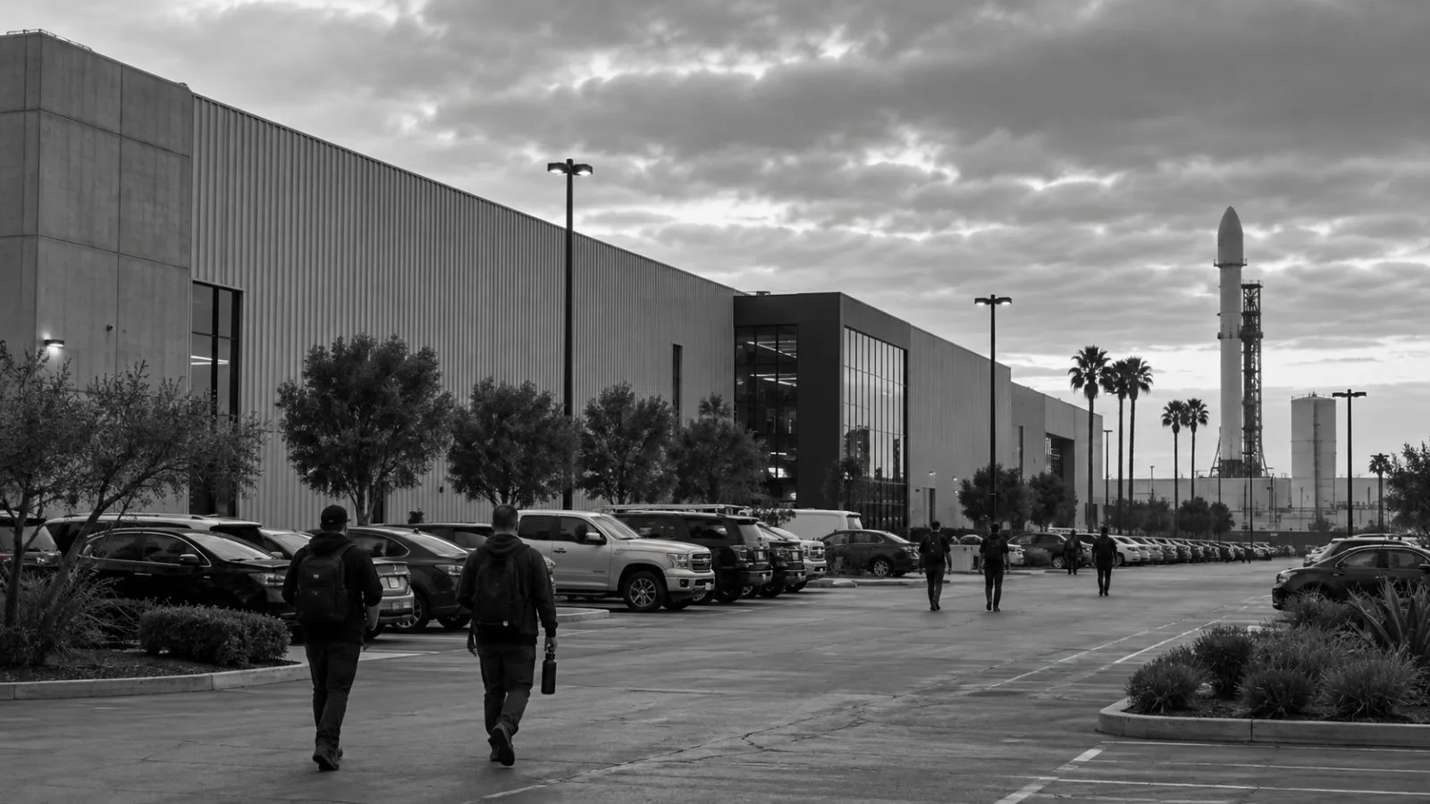 Workers cross outside SpaceX headquarters in Hawthorne, California, on an overcast afternoon. (AI-generated image / EconoTimes)