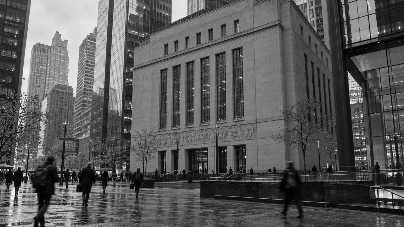 Commuters cross the plaza outside the Toronto Stock Exchange in Toronto on an overcast morning. (AI-generated image / EconoTimes)