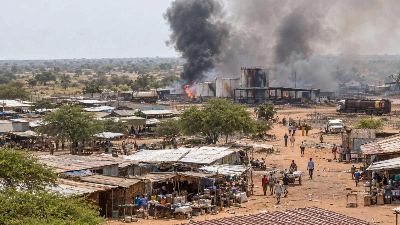 Smoke rises near Amiet Market in the disputed Abyei region. (AI-generated image / EconoTimes)