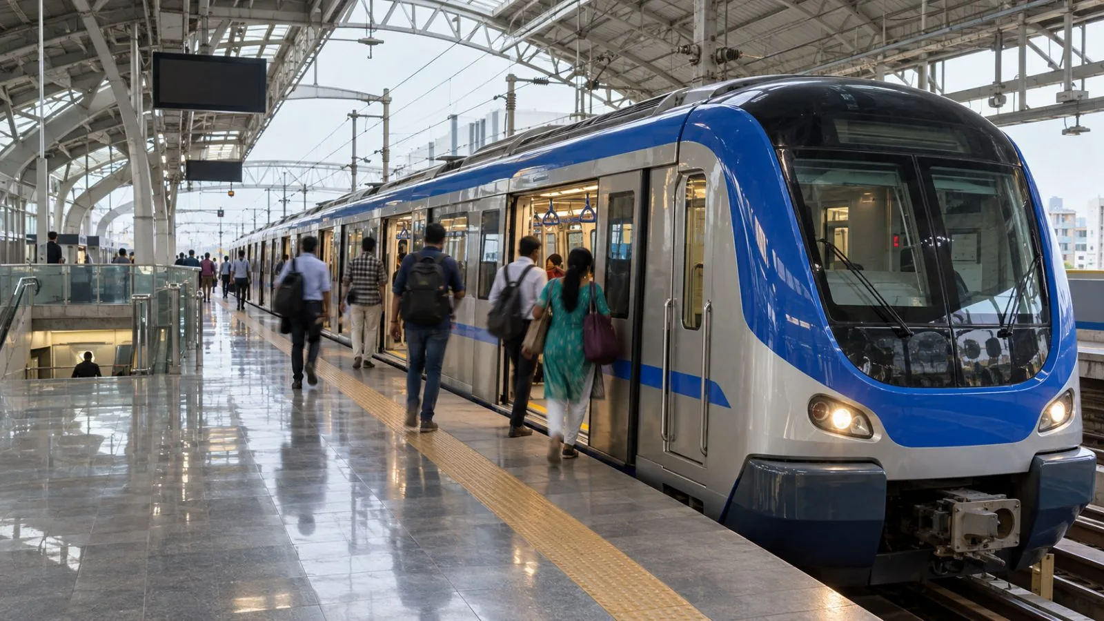 A Chennai Metro train pauses as commuters board at Poonamallee Bypass station. (AI-generated image / EconoTimes)