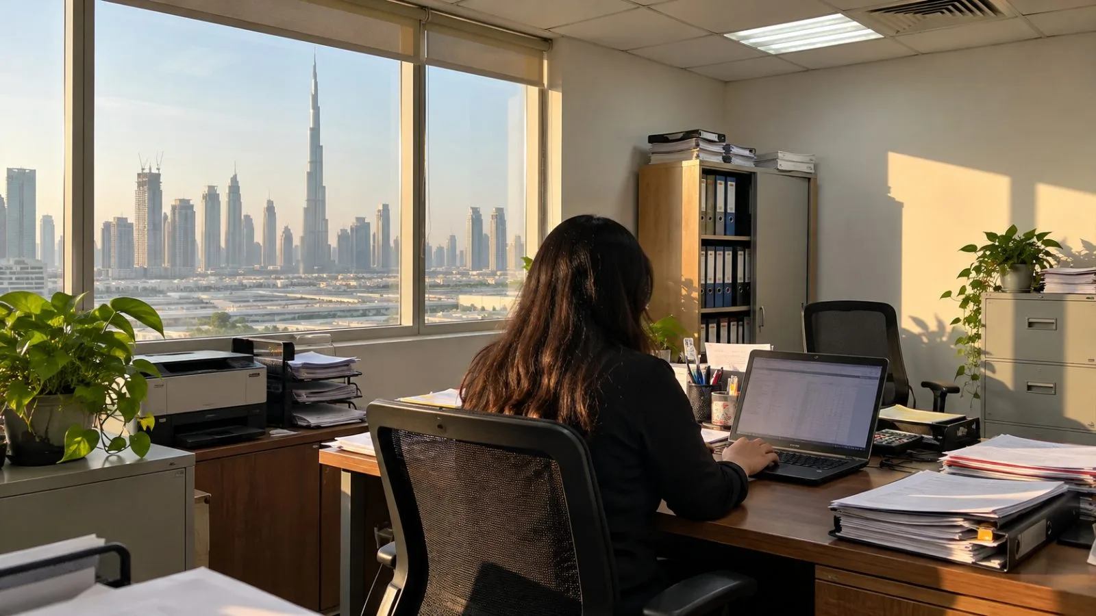 An accounts worker enters invoice details at a small business office in Dubai. (AI-generated image / EconoTimes)