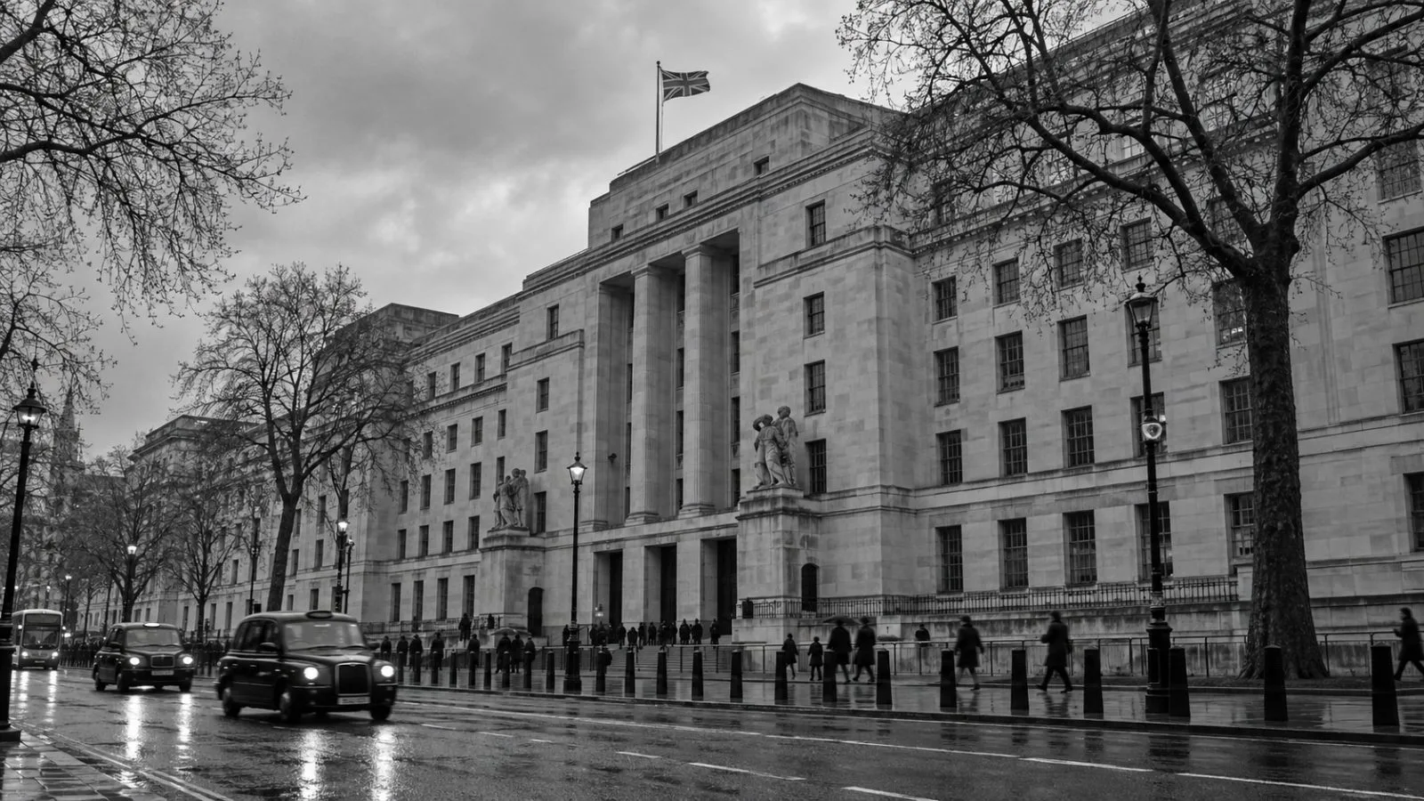 The UK Ministry of Defence building stands on Whitehall in central London beneath grey skies. (AI-generated image / EconoTimes)