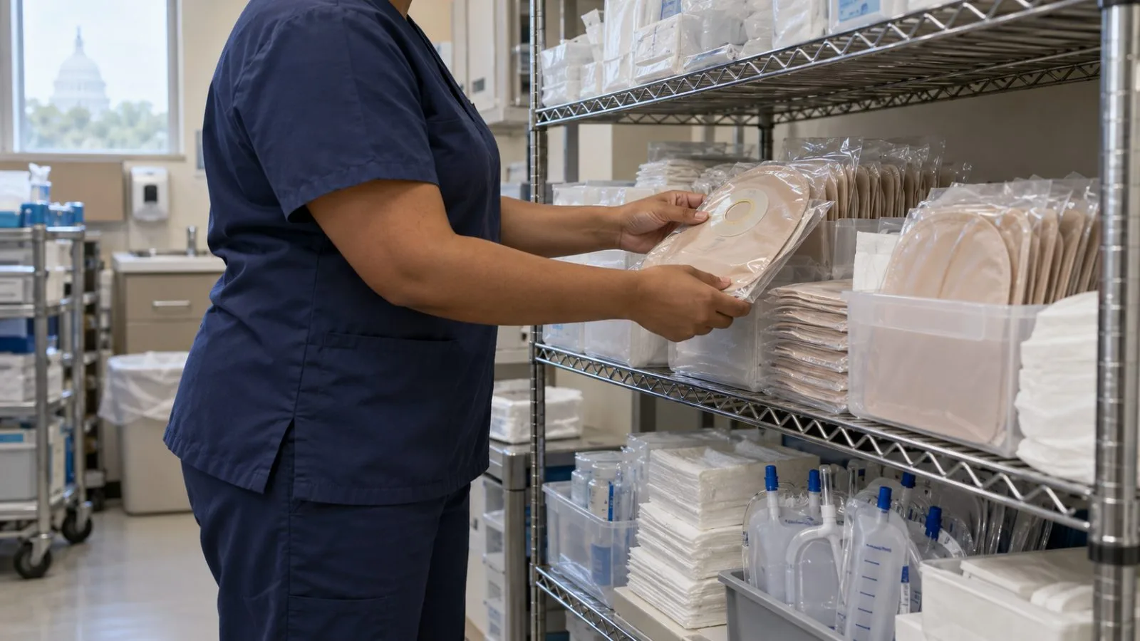 Ostomy and urological supplies sit on a clinic shelf in Washington, D.C. (AI-generated image / EconoTimes)