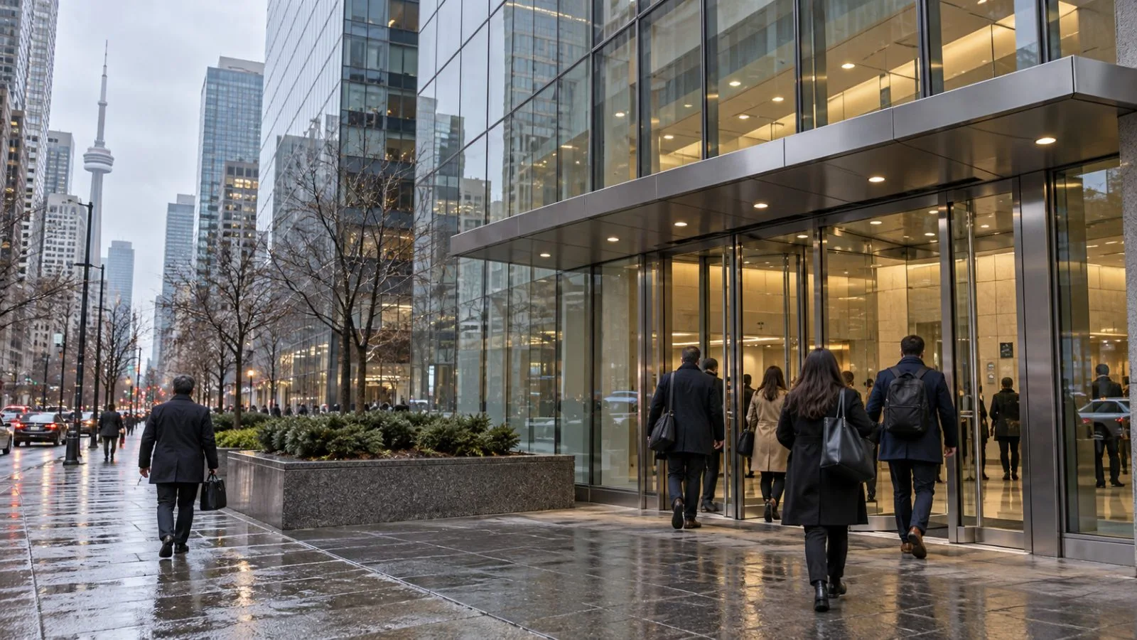 Staff enter a Thomson Reuters office building in Toronto on an overcast morning. / EconoTimes.ai