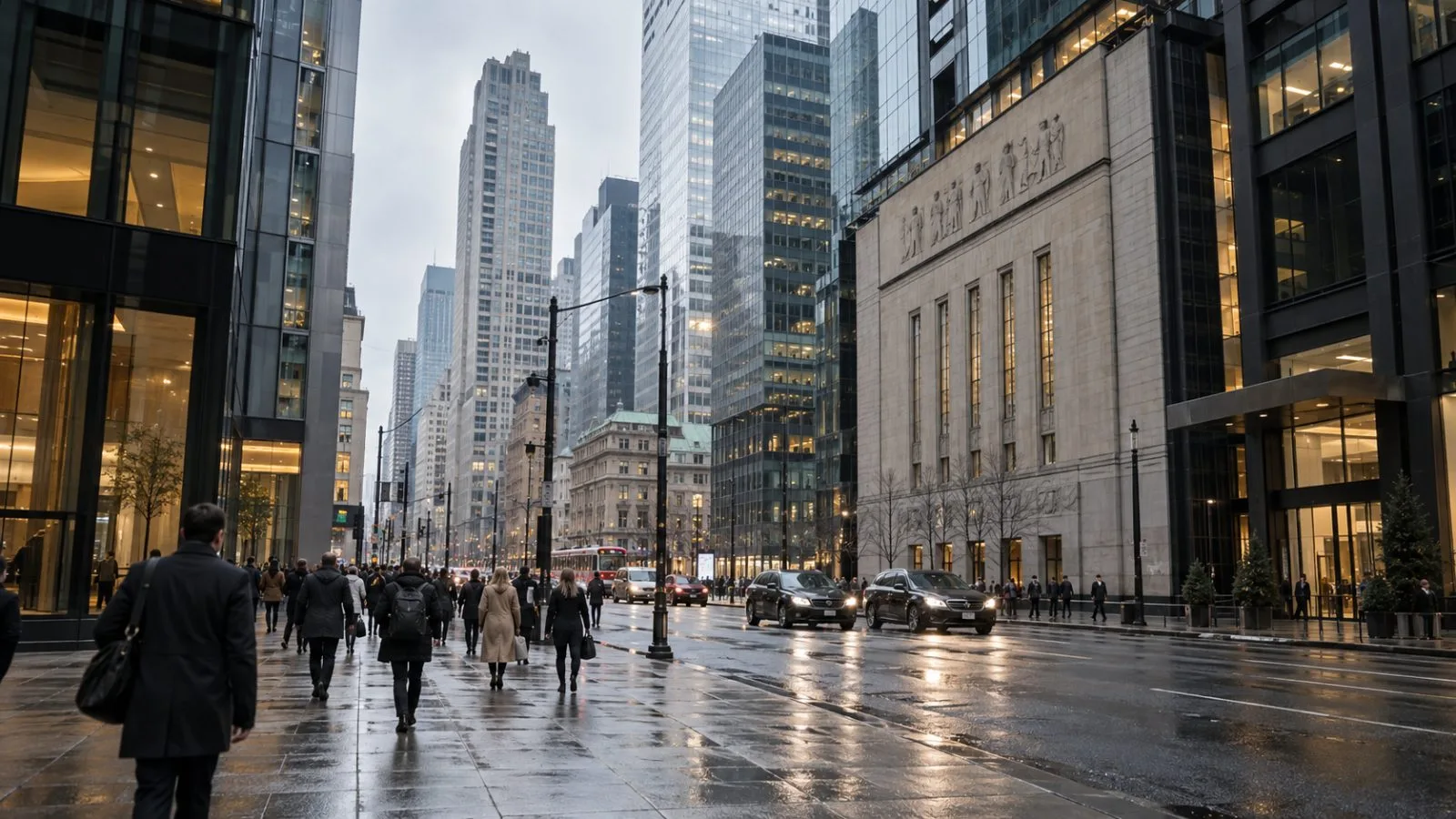 Commuters pass the Toronto Stock Exchange entrance in downtown Toronto on an overcast morning. / EconoTimes.ai