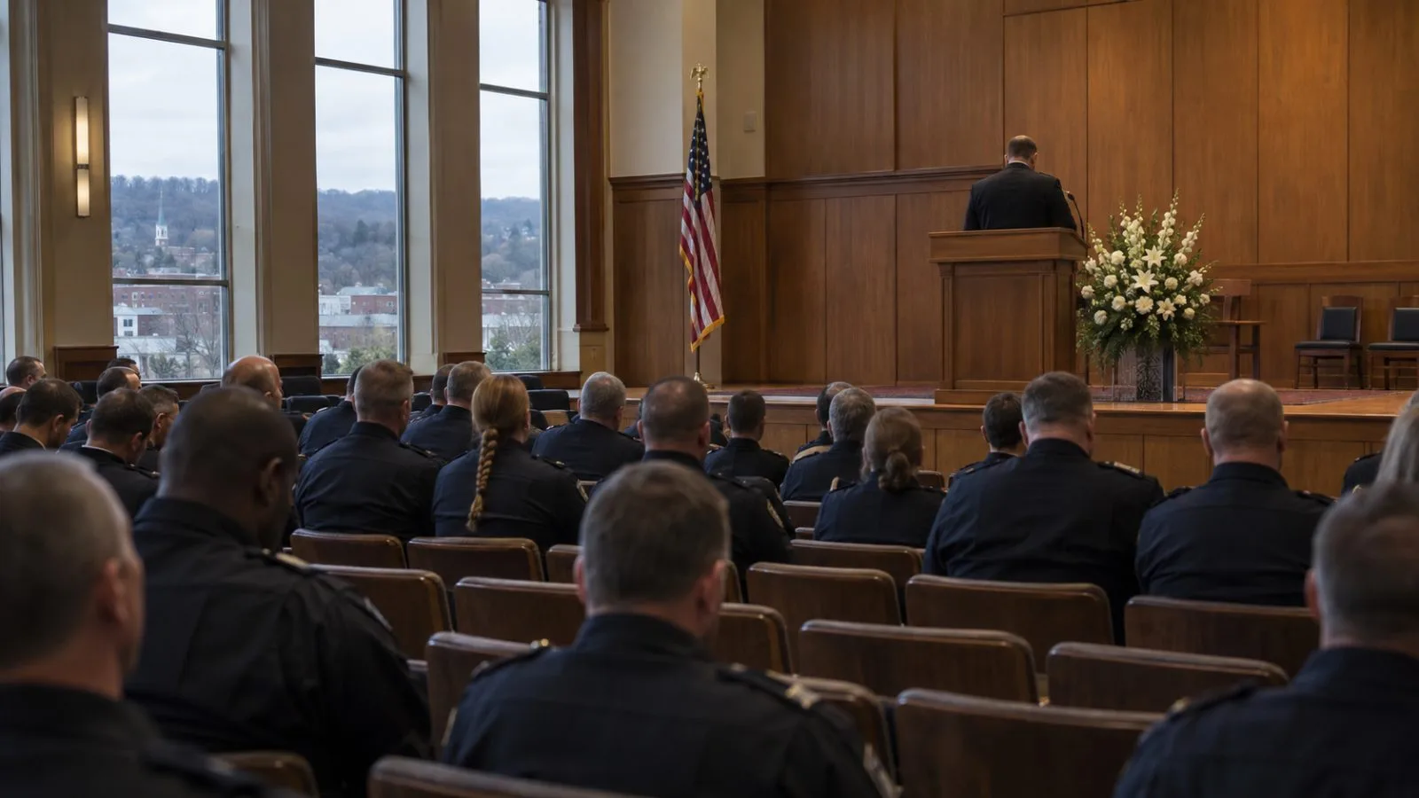 Law-enforcement attendees face a lectern during a campus recognition event in Lynchburg, Virginia. (AI-generated image / EconoTimes)