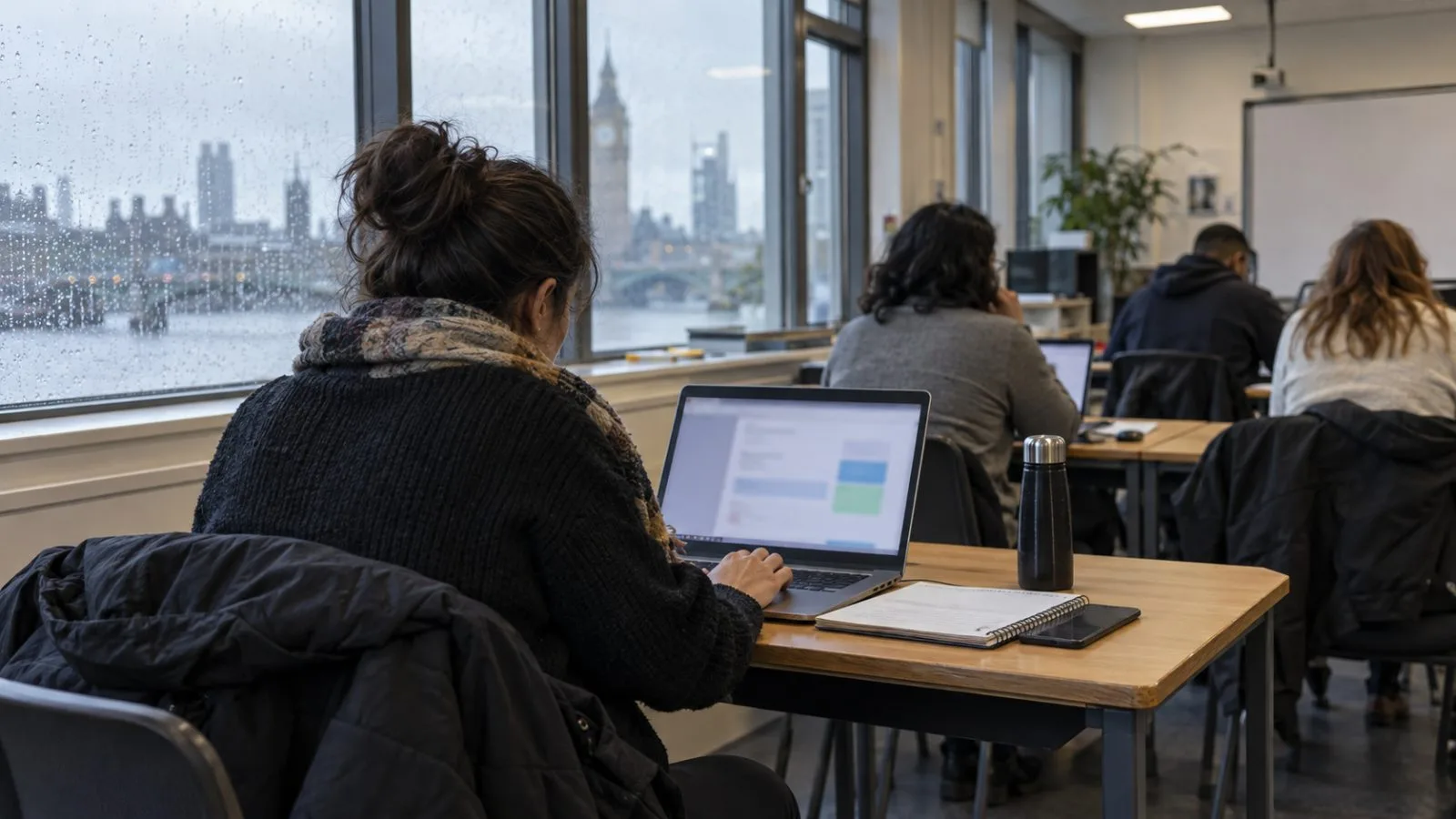 An adult learner works at a laptop in a further-education classroom in London, England. (AI-generated image / EconoTimes)