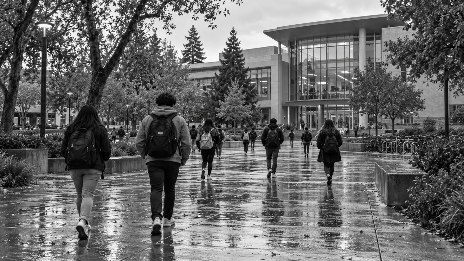 Students cross Sacramento State’s campus near an academic building in Sacramento, California. (AI-generated image / EconoTimes)