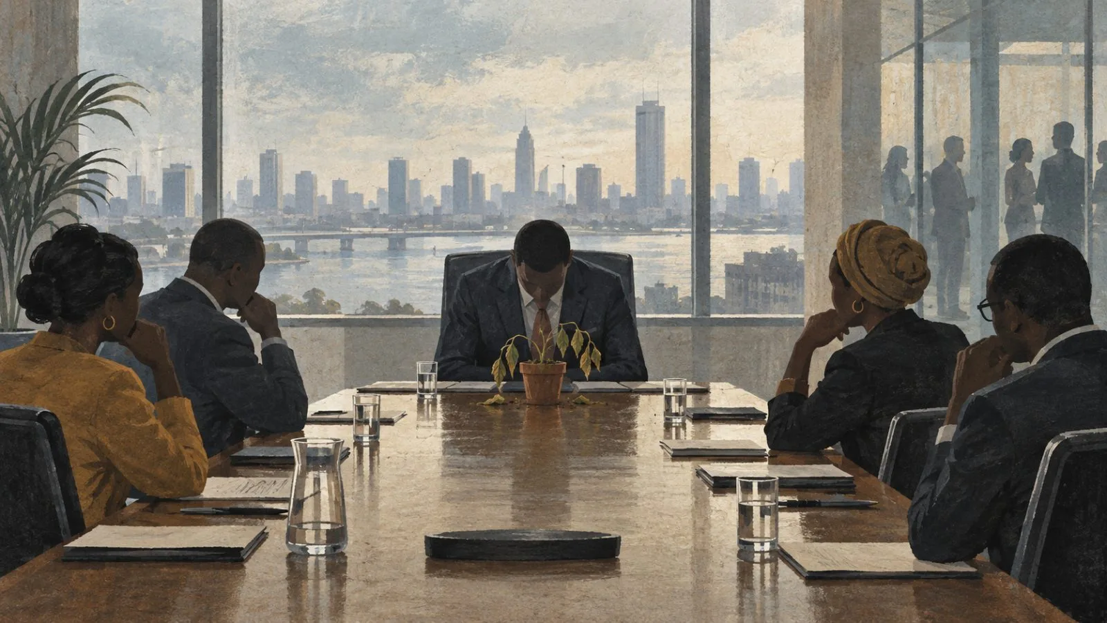 Anonymous board members meet as staff silhouettes wait beyond glass in a Lagos office. (AI-generated image / EconoTimes)