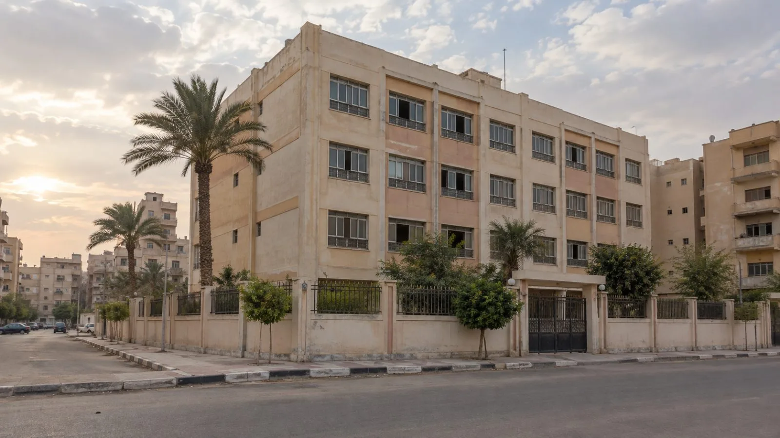 A preparatory school building stands in western Ismailia, Egypt, after a student's fatal fall. (AI-generated image / EconoTimes)
