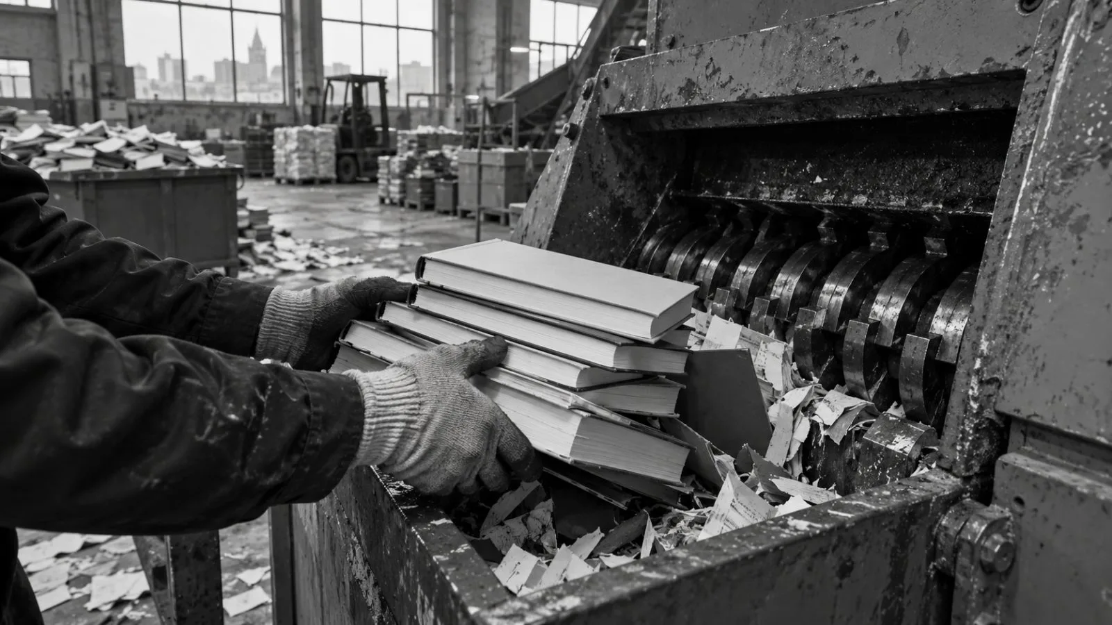An industrial shredder processes books at a destruction facility in Moscow, Russia. (AI-generated image / EconoTimes)
