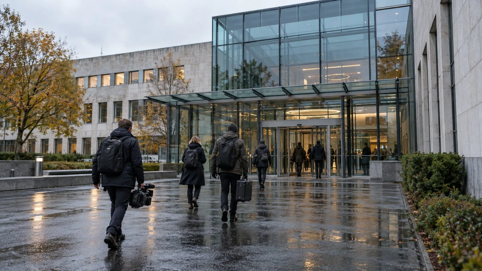 Reporters enter NRK’s Marienlyst broadcasting centre in Oslo, Norway, on an overcast day. (AI-generated image / EconoTimes)