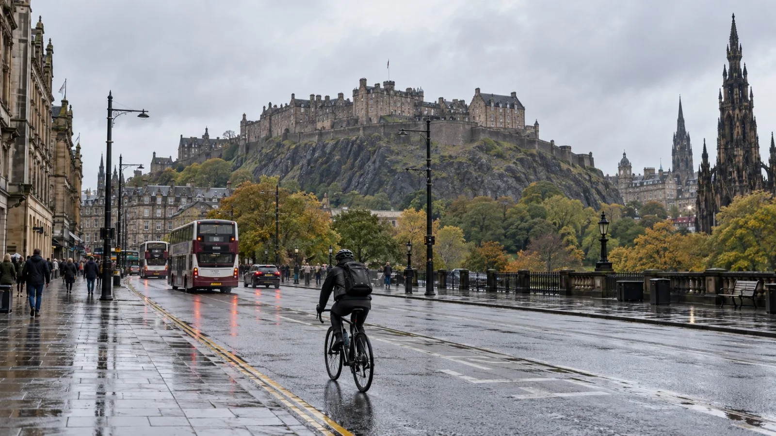 A cyclist rides along Princes Street beneath Edinburgh Castle in Edinburgh, the 2027 Tour start city. (AI-generated image / EconoTimes)