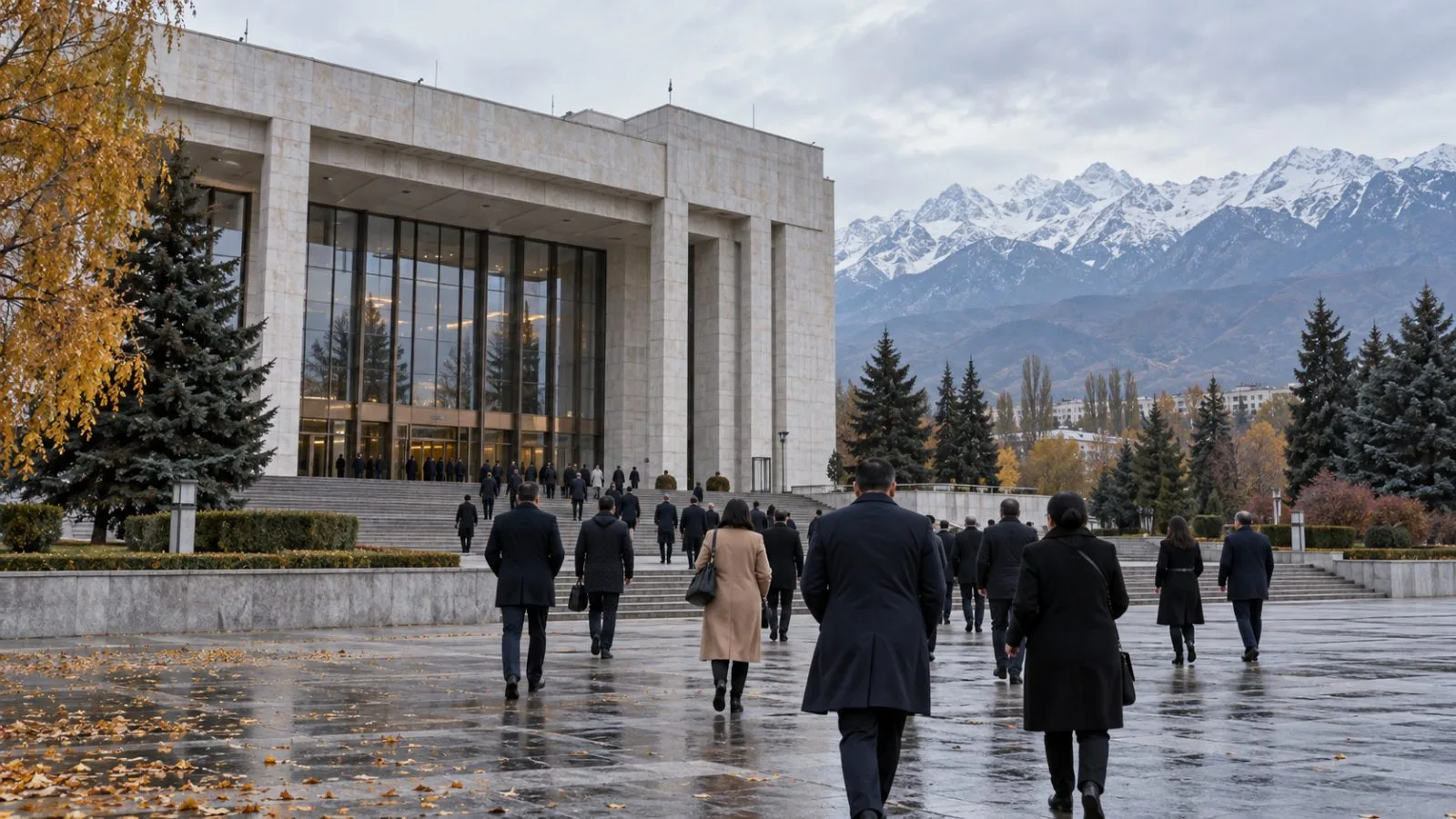 Delegates enter an assembly venue in Bishkek, Kyrgyzstan, on an overcast afternoon. (AI-generated image / EconoTimes)