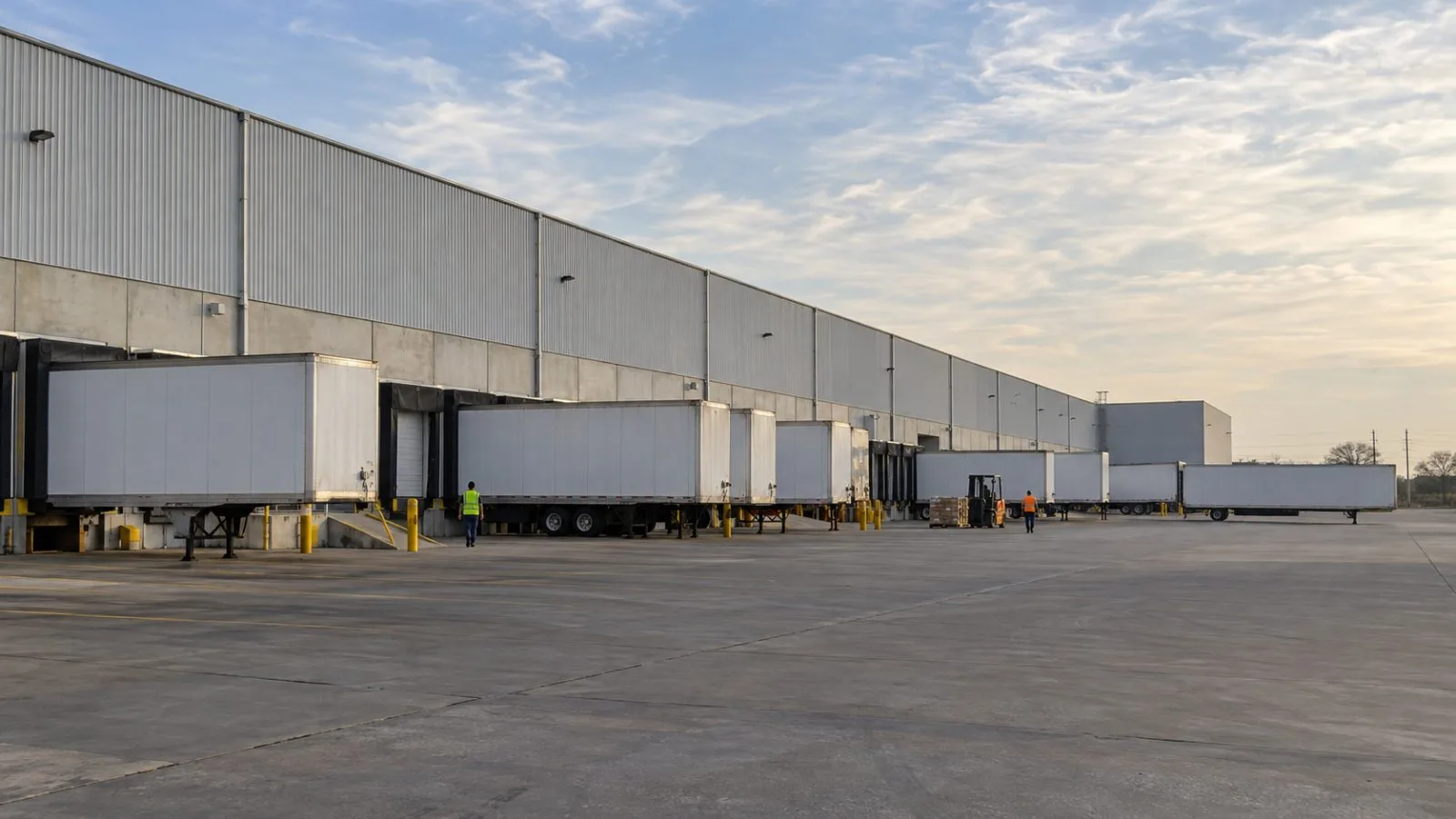 Freight trailers line loading bays at a warehouse in Dallas–Fort Worth, Texas. (AI-generated image / EconoTimes)
