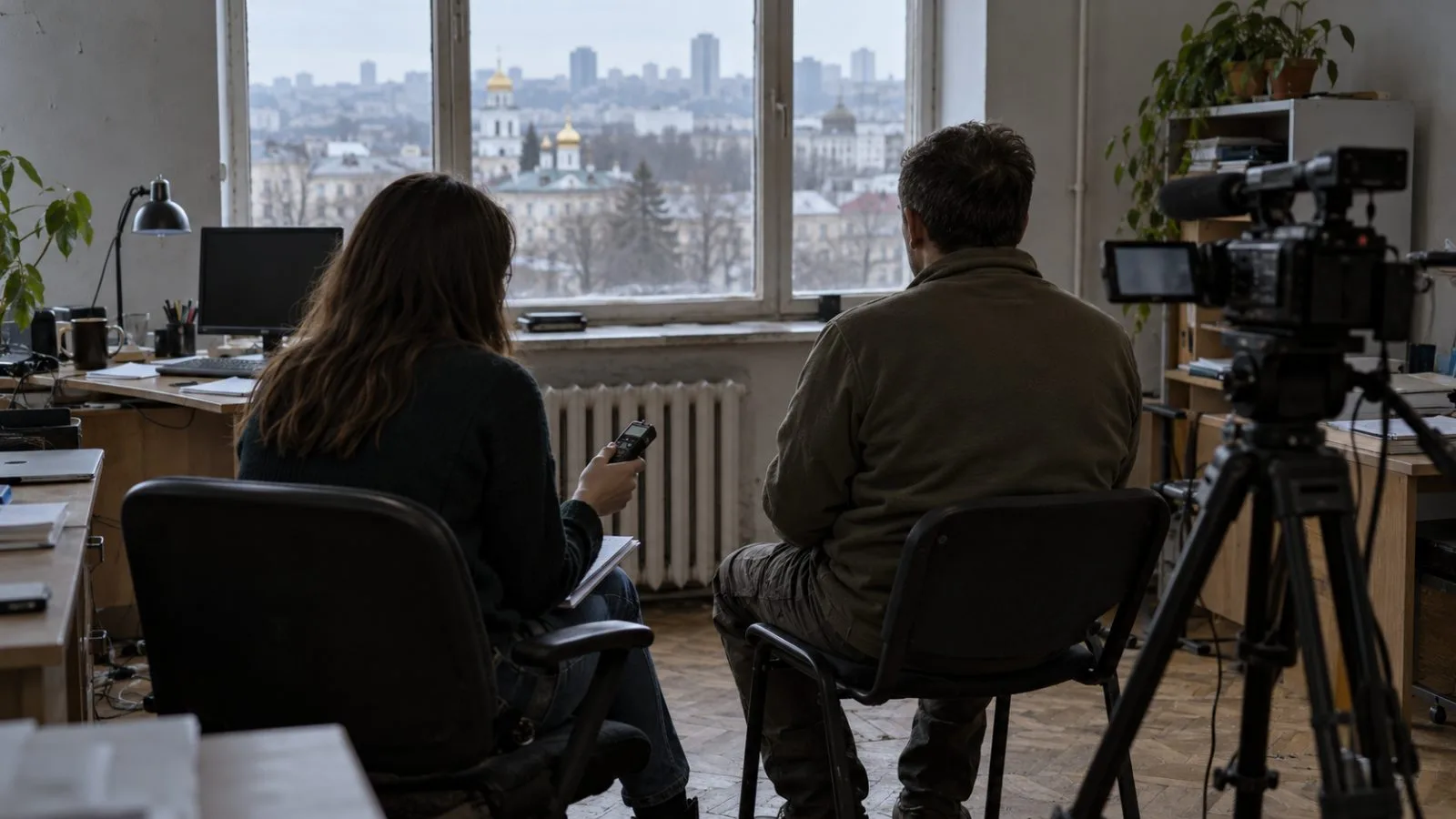 A journalist records an interview in a Kyiv newsroom, with both participants seen from behind. (AI-generated image / EconoTimes)