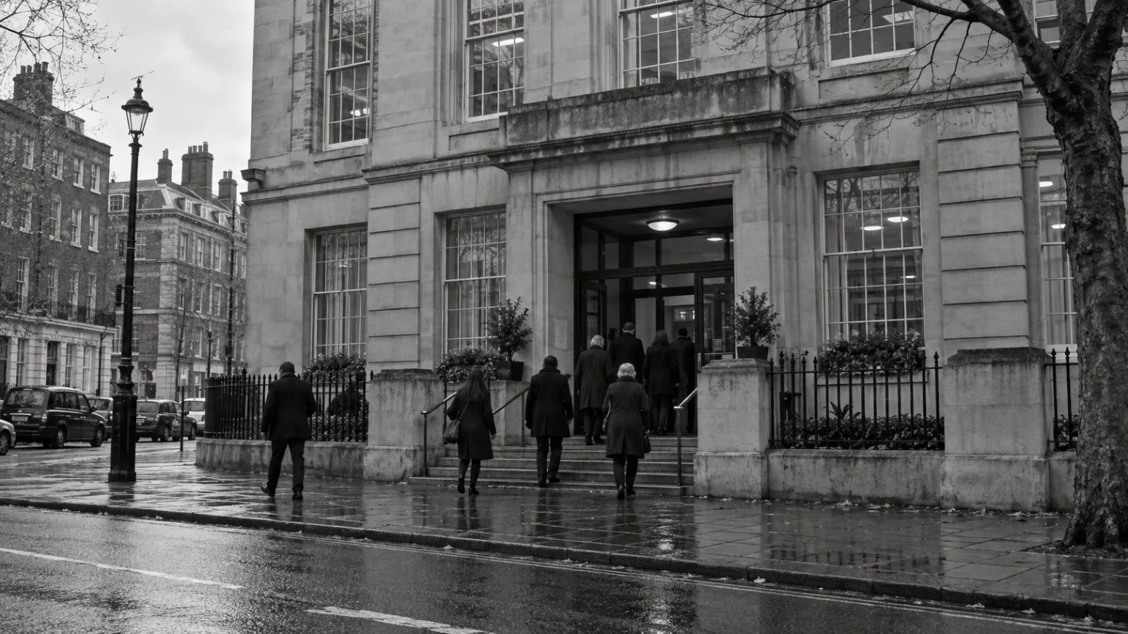 Visitors approach a municipal register office in London, England, on an overcast afternoon. (AI-generated image / EconoTimes)
