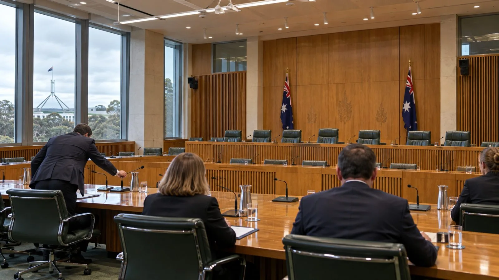 Attendees listen during a Senate hearing at Parliament House in Canberra, Australia. / EconoTimes.ai