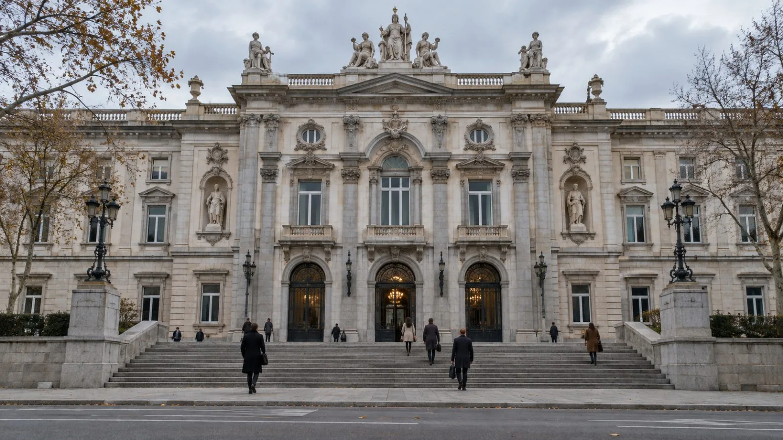 Pedestrians pass the Spanish Supreme Court in Madrid under overcast skies. (AI-generated image / EconoTimes)