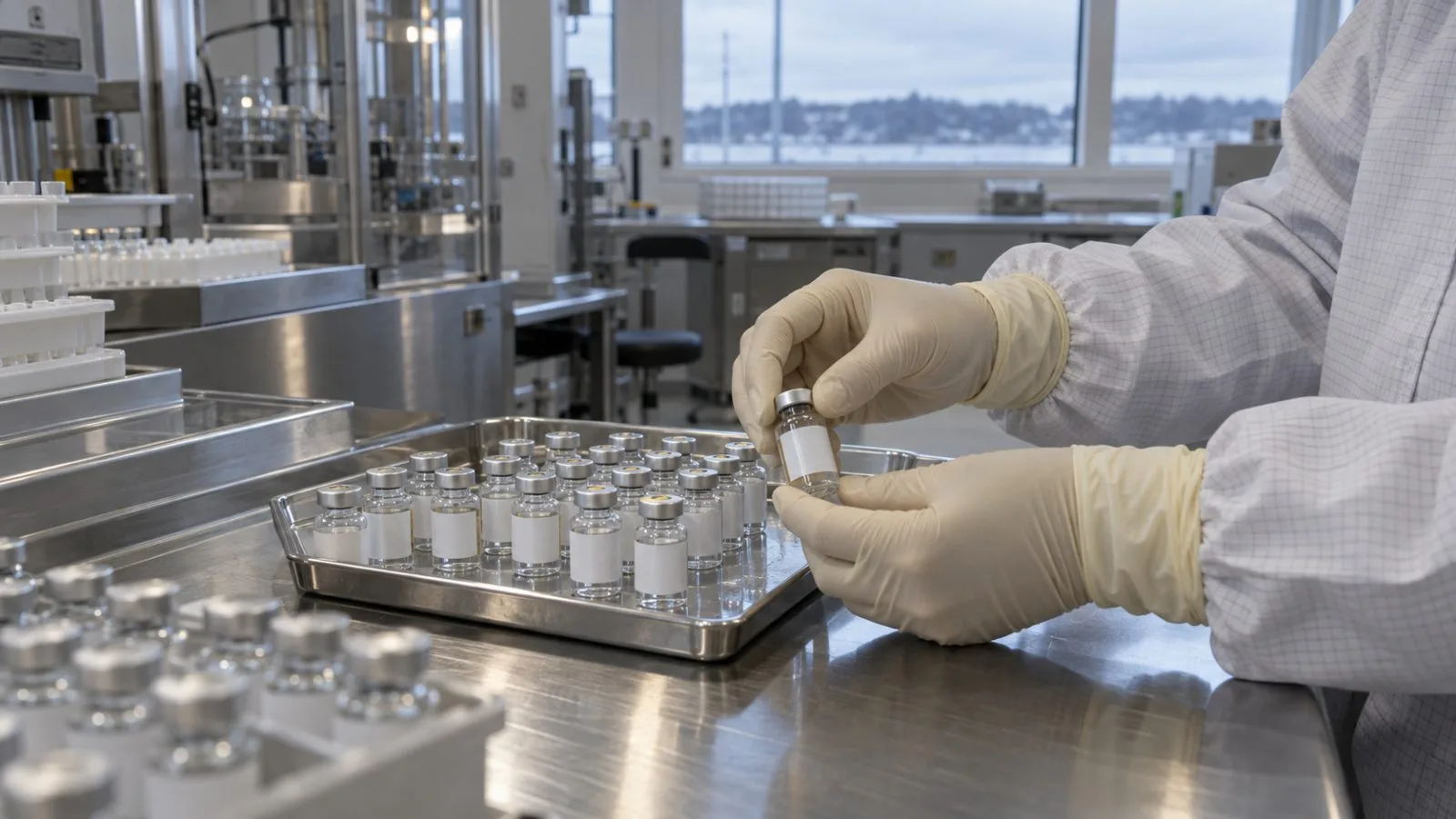 A technician checks sealed vaccine vials in a cleanroom at a pharmaceutical plant in Kvistgaard, Denmark. (AI-generated image / EconoTimes)