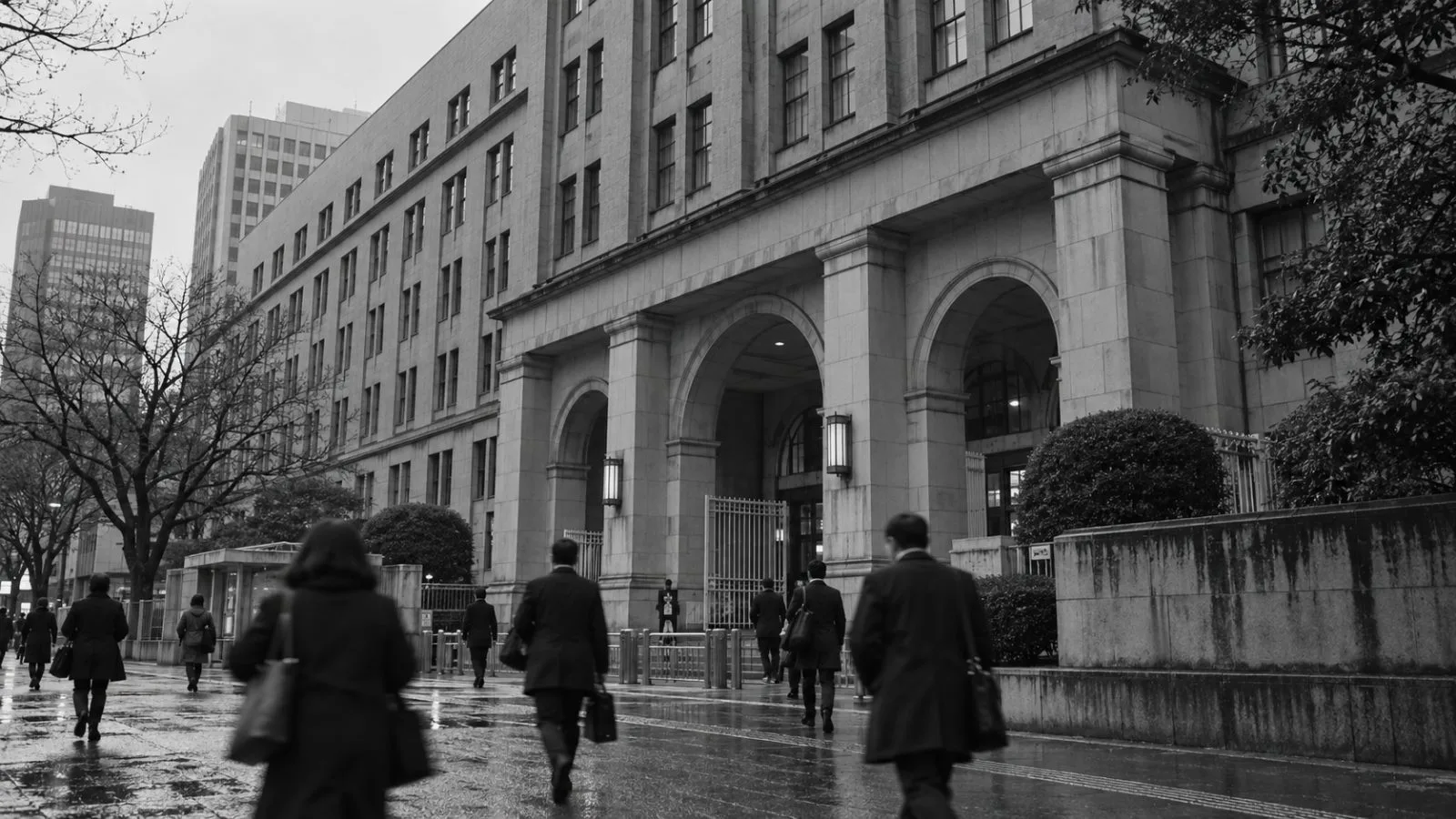Commuters pass Japan’s Ministry of Finance in Tokyo under an overcast sky. (AI-generated image / EconoTimes)