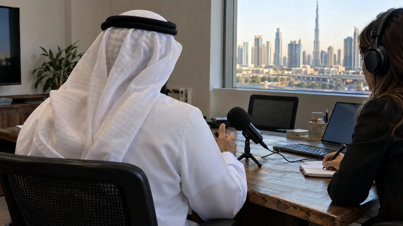 An interviewer speaks with a guest during a music technology interview in Dubai. (AI-generated image / EconoTimes)
