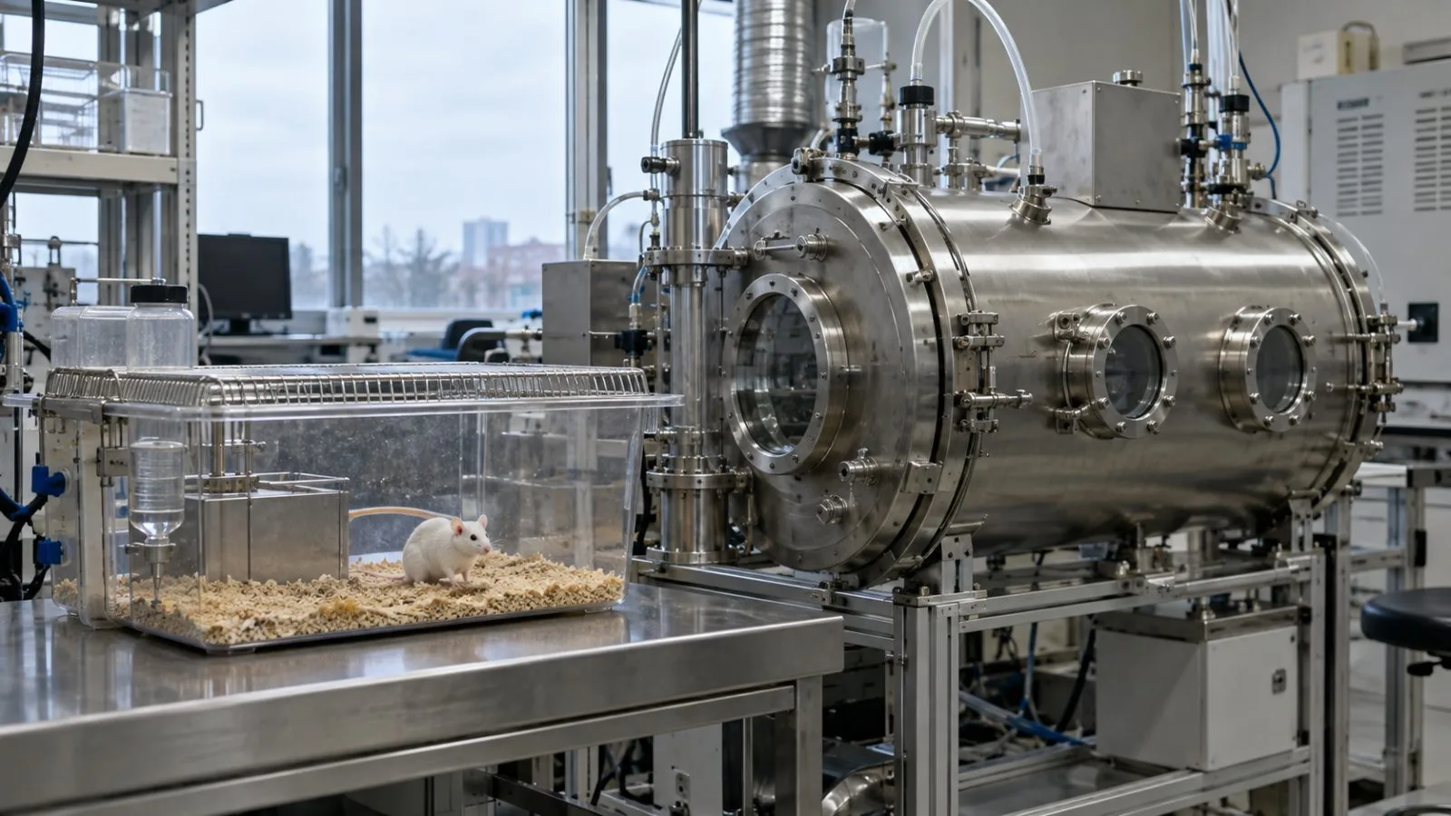A mouse cage sits beside an exposure chamber in a university research laboratory in Jeonju, South Korea. (AI-generated image / EconoTimes)