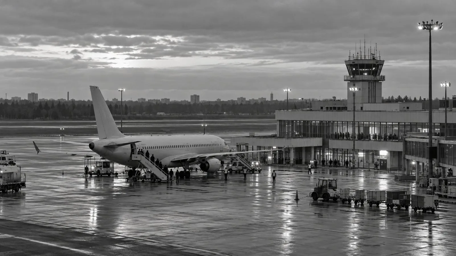 A passenger aircraft stands on the apron at Gomel Airport in Belarus (AI-generated image / EconoTimes)
