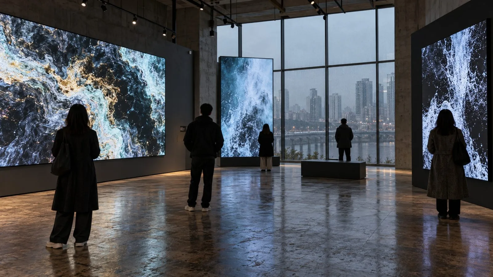 Visitors view screen-based artworks at a digital art gallery in Seoul, South Korea (AI-generated image / EconoTimes)