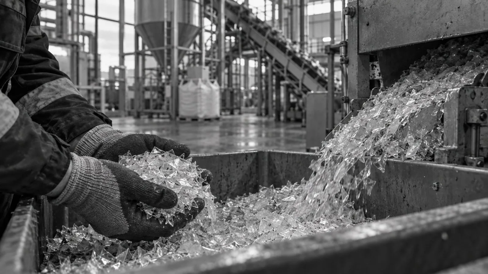 Clear PET flakes pass through recycling equipment at a pilot plant in Terrebonne, Quebec (AI-generated image / EconoTimes)