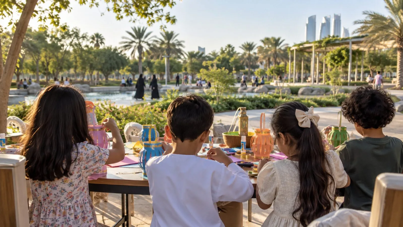 Children make lanterns at an outdoor workshop in Abu Dhabi's Umm Al Emarat Park. (AI-generated image / EconoTimes)