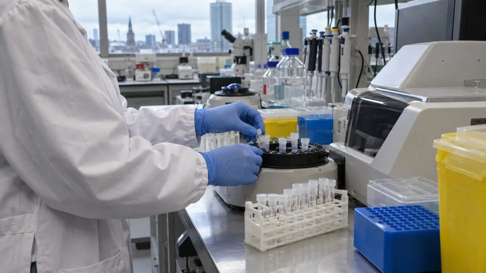 Sample tubes sit beside assay equipment in a laboratory at BioHub Birmingham, England. (AI-generated image / EconoTimes)