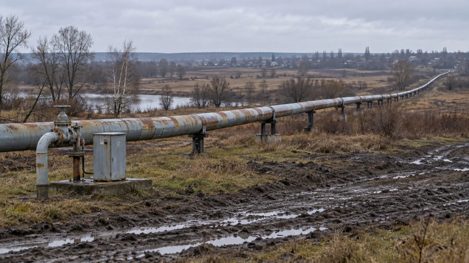 A gas pipeline crosses a muddy field near Kupiansk, Ukraine, beneath an overcast sky (AI-generated image / EconoTimes)