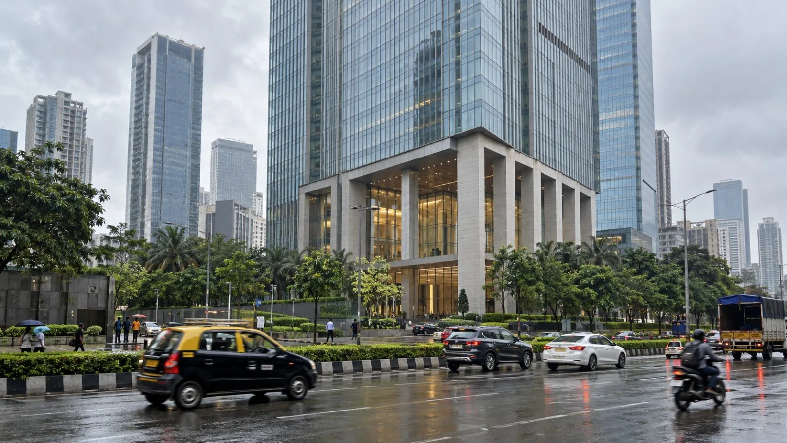 Pedestrians pass One Lodha Place in Mumbai’s Lower Parel district. (AI-generated image / EconoTimes)